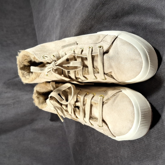 Superga Mono Tan Faux Suede Faux Fur Lined High Top Lace Up Sneakers VG US 5 - Picture 1 of 16
